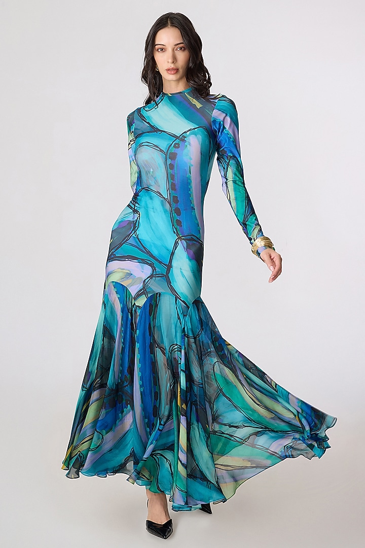 Multi-Colored Chiffon Abstract Printed Maxi Vacation Dress by Saaksha & Kinni at Pernia's Pop Up Shop