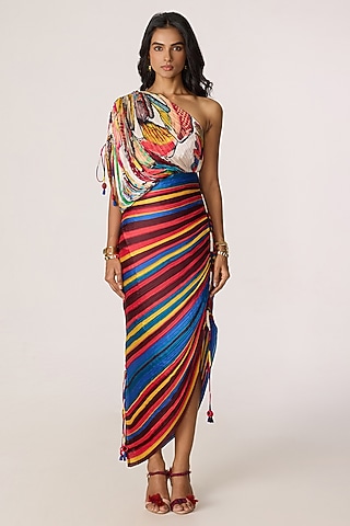 Multi-Colored Poly Florence Chiffon Striped One-Shoulder Maxi Dress by Saaksha & Kinni