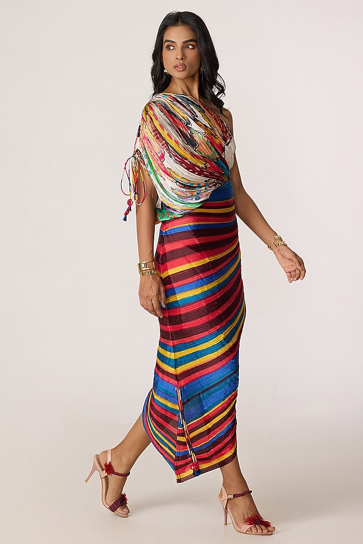 Multi-Colored Poly Florence Chiffon Striped One-Shoulder Maxi Vacation Dress by Saaksha & Kinni at Pernia's Pop Up Shop