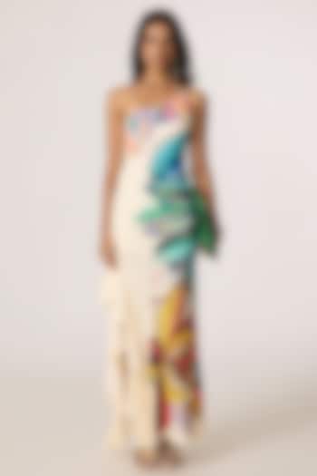 Multi-Colored Crepe Abstract Printed One-Shoulder Maxi Vacation Dress by Saaksha & Kinni at Pernia's Pop Up Shop