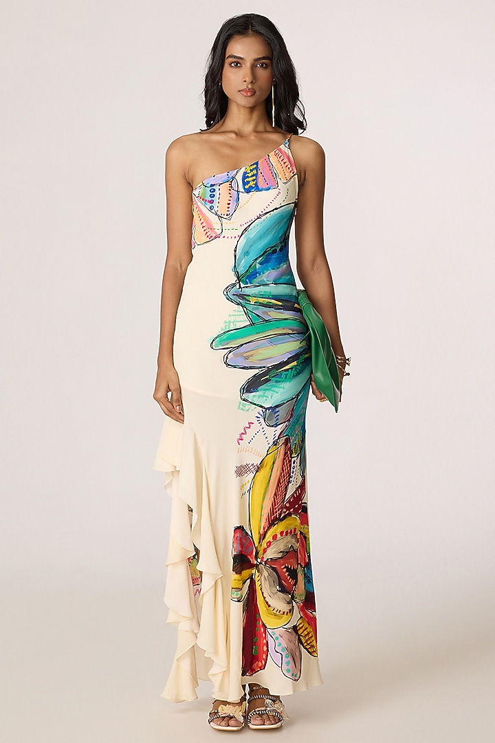 Multi-Colored Crepe Abstract Printed One-Shoulder Maxi Vacation Dress by Saaksha & Kinni at Pernia's Pop Up Shop