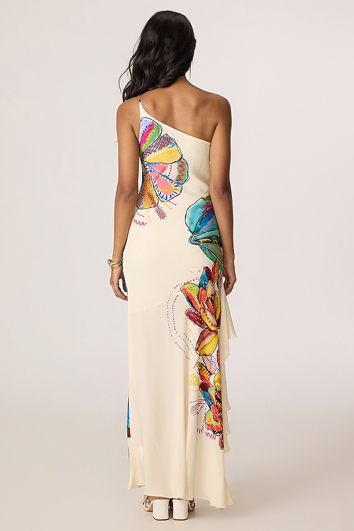 Multi-Colored Crepe Abstract Printed One-Shoulder Maxi Vacation Dress by Saaksha & Kinni at Pernia's Pop Up Shop