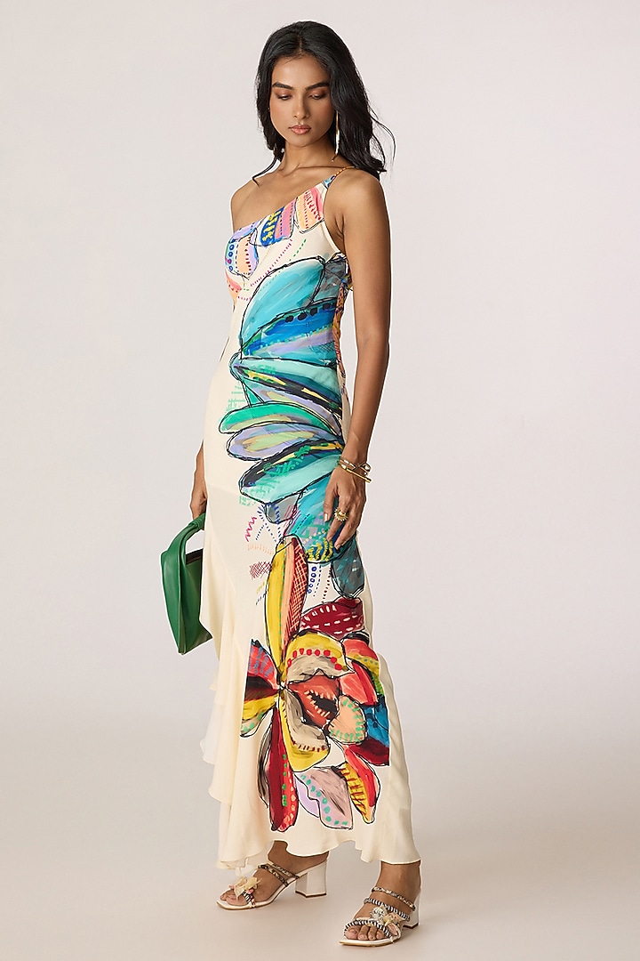 Multi-Colored Crepe Abstract Printed One-Shoulder Maxi Vacation Dress by Saaksha & Kinni at Pernia's Pop Up Shop