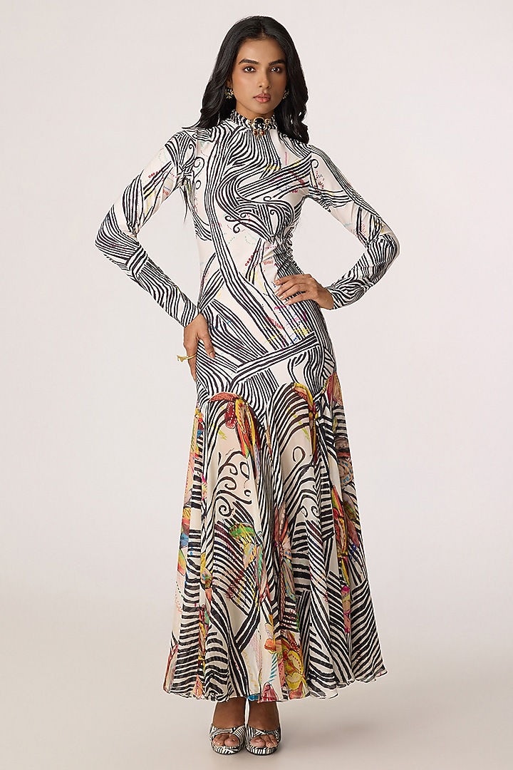 Multi-Colored Chiffon Abstract Doodle Printed Maxi Vacation Dress by Saaksha & Kinni at Pernia's Pop Up Shop