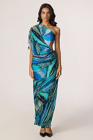 Multi-Colored Cotton Silk Abstract Printed One-Shoulder Dress by Saaksha & Kinni