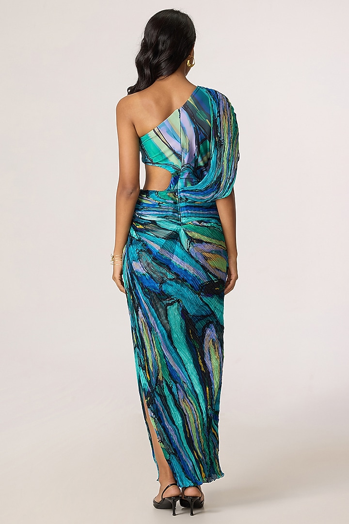 Multi-Colored Cotton Silk Abstract Printed One-Shoulder Cocktail Dress by Saaksha & Kinni at Pernia's Pop Up Shop