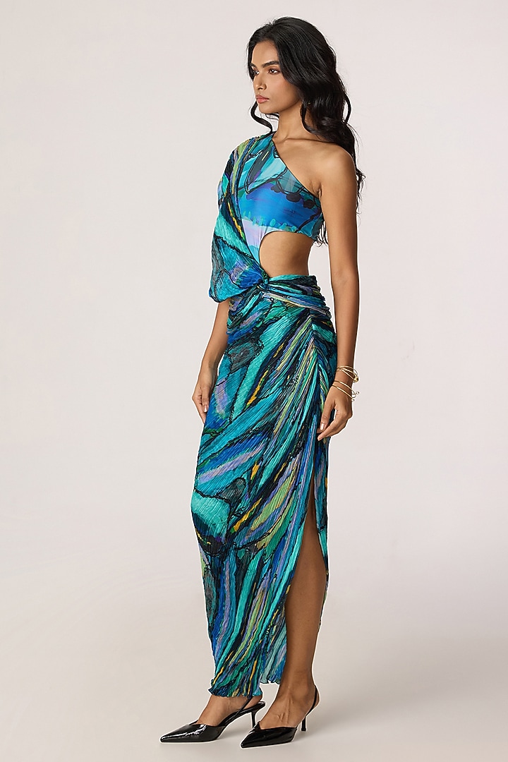 Multi-Colored Cotton Silk Abstract Printed One-Shoulder Cocktail Dress by Saaksha & Kinni at Pernia's Pop Up Shop