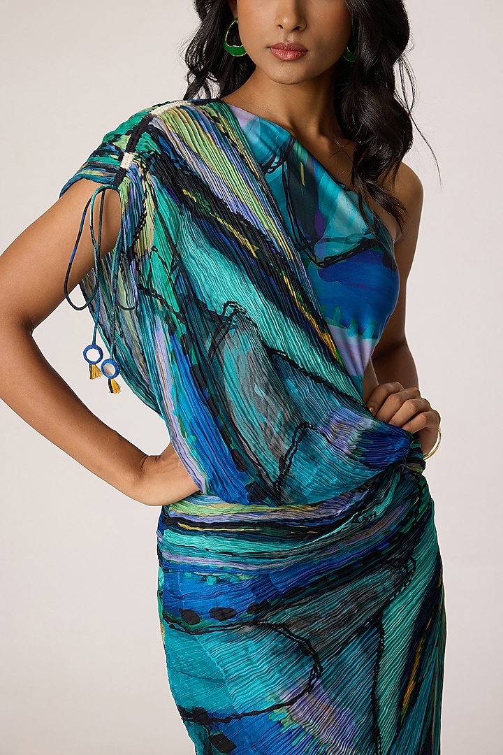 Multi-Colored Cotton Silk Abstract Printed One-Shoulder Cocktail Dress by Saaksha & Kinni at Pernia's Pop Up Shop