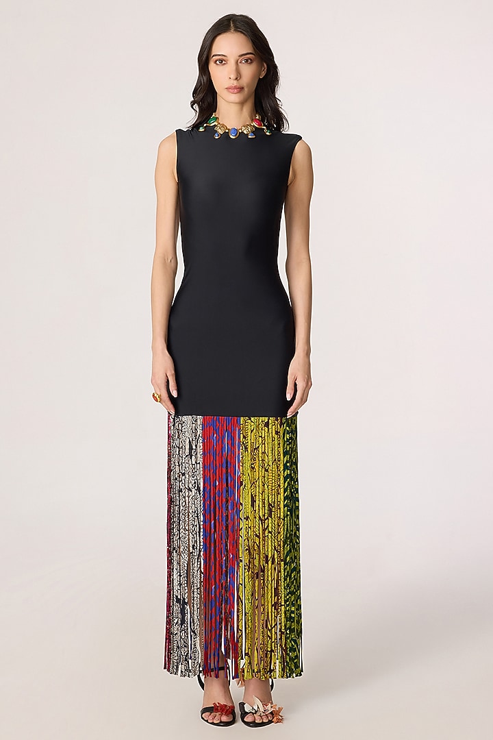 Black Chiffon Abstract Printed Fitted Maxi Cocktail Dress by Saaksha & Kinni at Pernia's Pop Up Shop