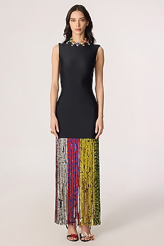 Black Chiffon Abstract Printed Fitted Maxi Dress by Saaksha & Kinni