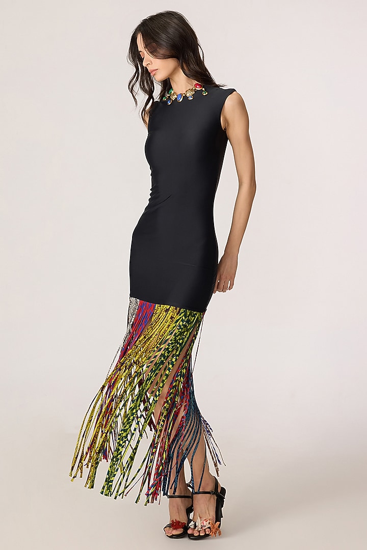 Black Chiffon Abstract Printed Fitted Maxi Cocktail Dress by Saaksha & Kinni at Pernia's Pop Up Shop