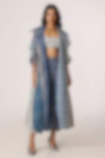 Blue & Grey Denim Striped Trench Coat Set by Saaksha & Kinni at Pernia's Pop Up Shop