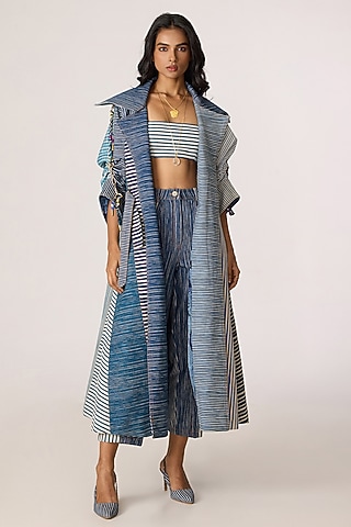 Blue & Grey Denim Striped Trench Coat Set by Saaksha & Kinni