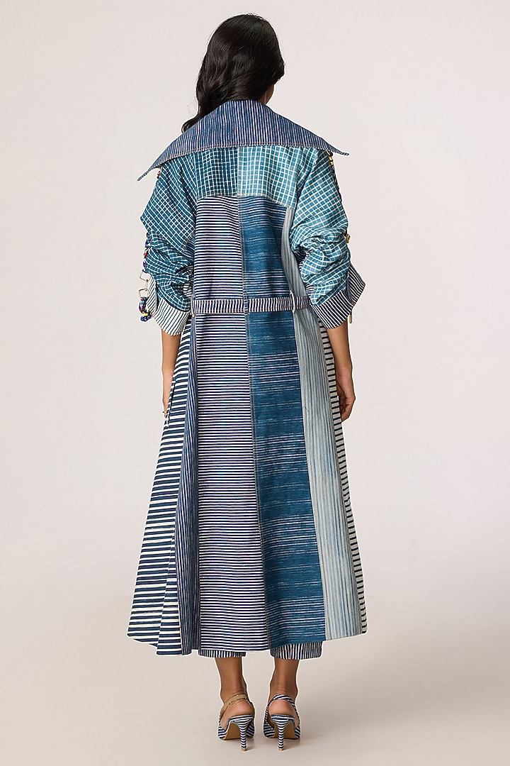 Blue & Grey Denim Striped Trench Coat Set by Saaksha & Kinni at Pernia's Pop Up Shop