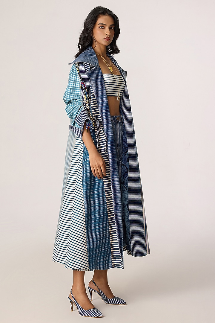 Blue & Grey Denim Striped Trench Coat Set by Saaksha & Kinni at Pernia's Pop Up Shop
