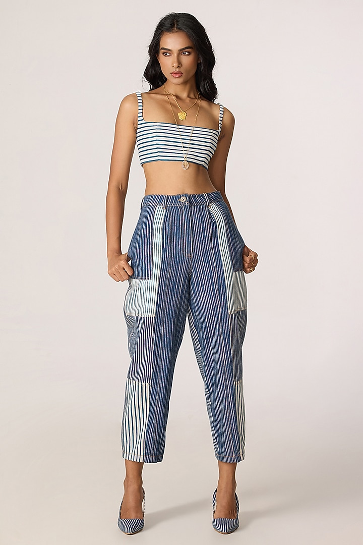 Blue & Grey Denim Striped Trench Coat Set by Saaksha & Kinni at Pernia's Pop Up Shop