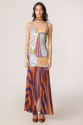 Multi-Colored Stretch Jersey Striped Fitted Maxi Dress by Saaksha & Kinni