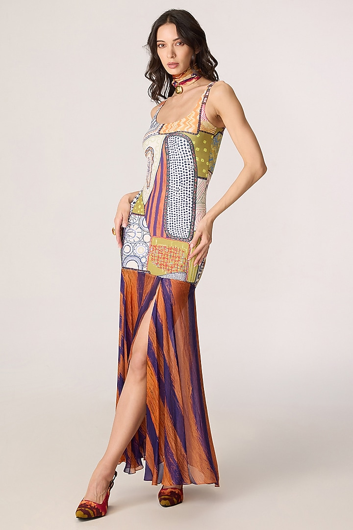 Multi-Colored Stretch Jersey Striped Fitted Maxi Vacation Dress by Saaksha & Kinni at Pernia's Pop Up Shop