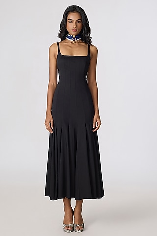 Black Cotton Lycra Sleeveless Maxi Dress by Saaksha & Kinni