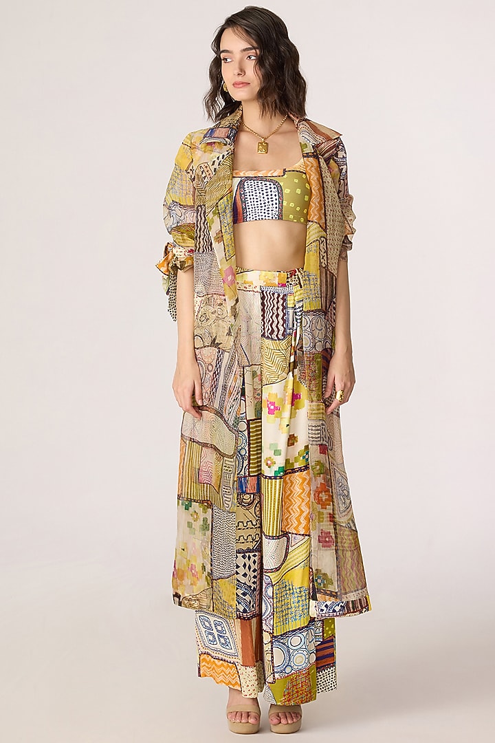 Multi-Colored Silk Organza Patchwork Printed Trench Coat Set by Saaksha & Kinni at Pernia's Pop Up Shop