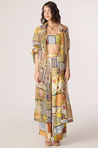 Multi-Colored Silk Organza Patchwork Printed Trench Coat Set by Saaksha & Kinni