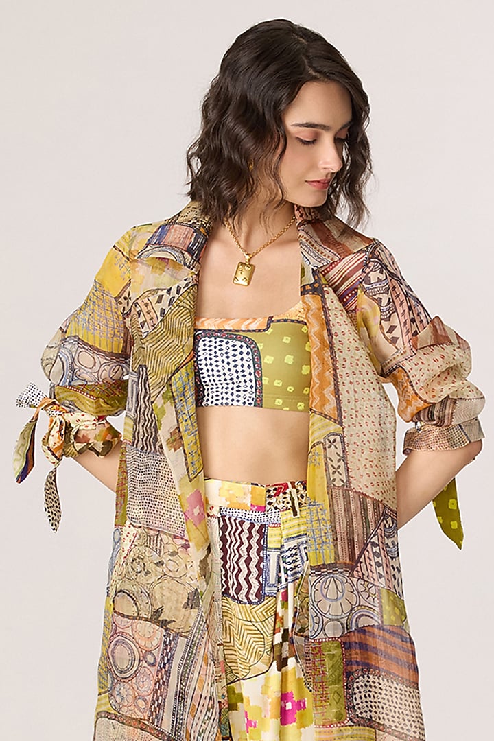 Multi-Colored Silk Organza Patchwork Printed Trench Coat Set by Saaksha & Kinni at Pernia's Pop Up Shop
