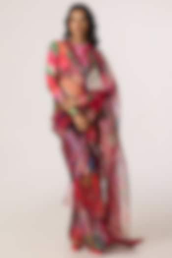 Multi-Colored Silk Organza Abstract Floral Printed Draped Wedding Saree Set by Saaksha & Kinni at Pernia's Pop Up Shop