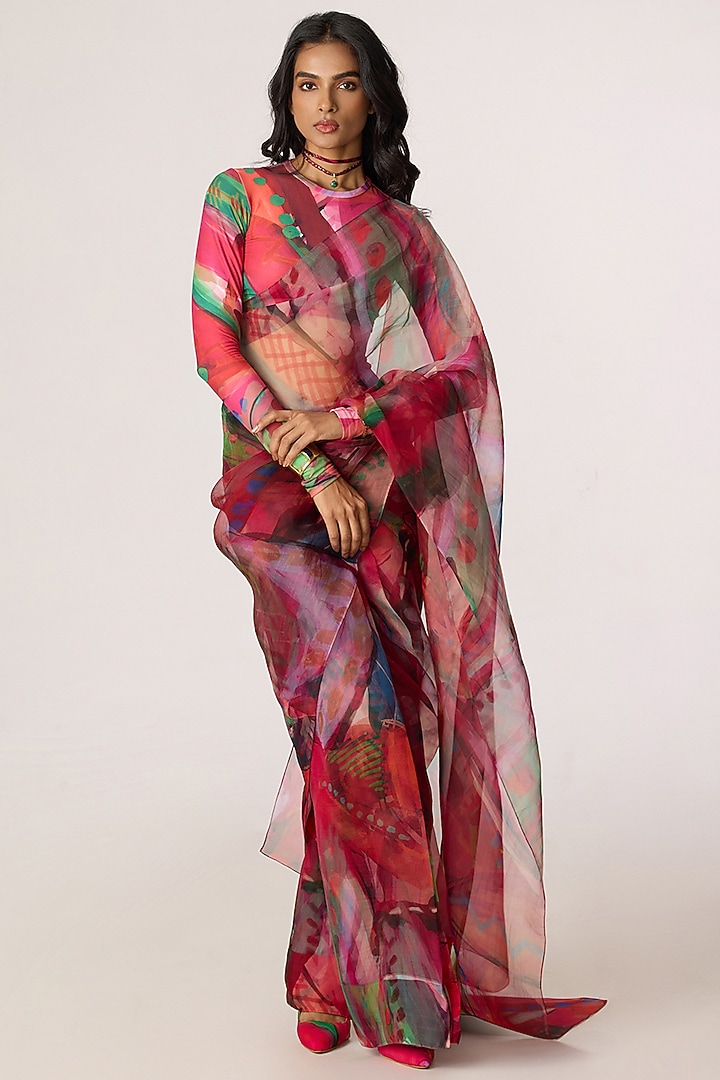 Multi-Colored Silk Organza Abstract Floral Printed Draped Wedding Saree Set by Saaksha & Kinni at Pernia's Pop Up Shop