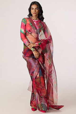Multi-Colored Silk Organza Abstract Floral Printed Draped Saree Set by Saaksha & Kinni