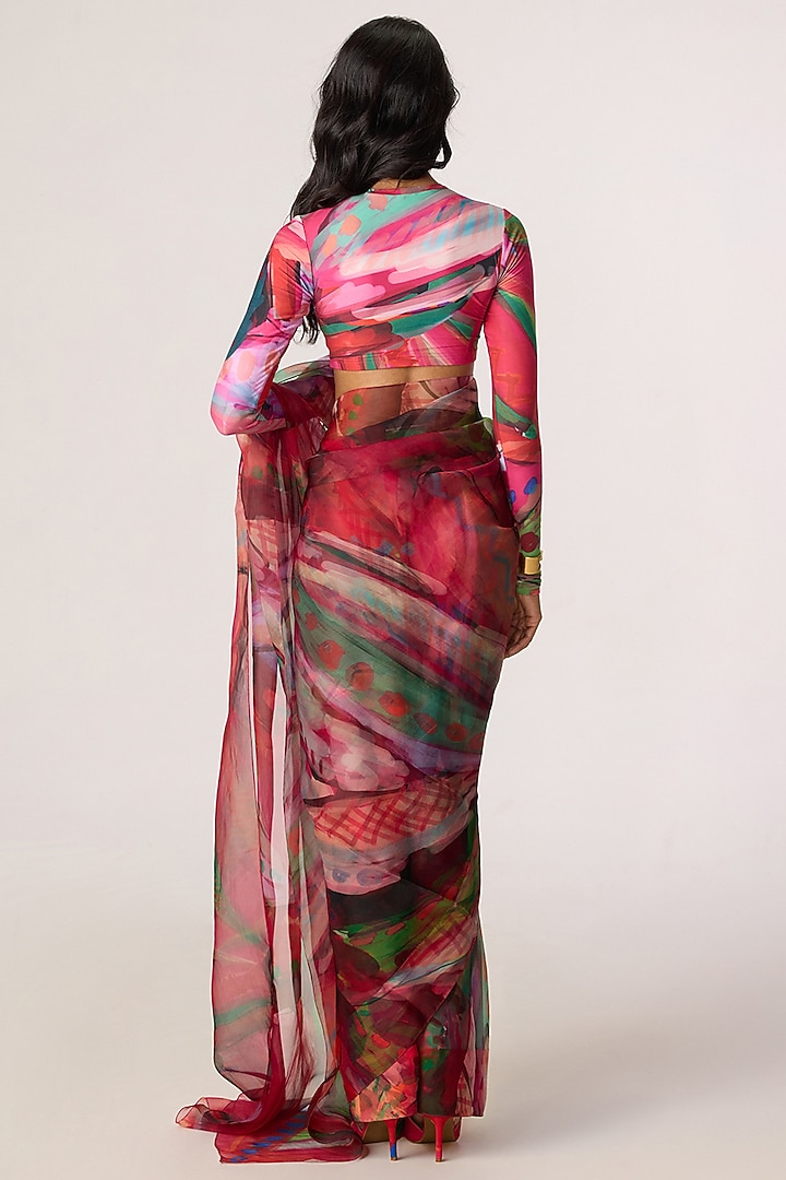 Multi-Colored Silk Organza Abstract Floral Printed Draped Wedding Saree Set by Saaksha & Kinni at Pernia's Pop Up Shop