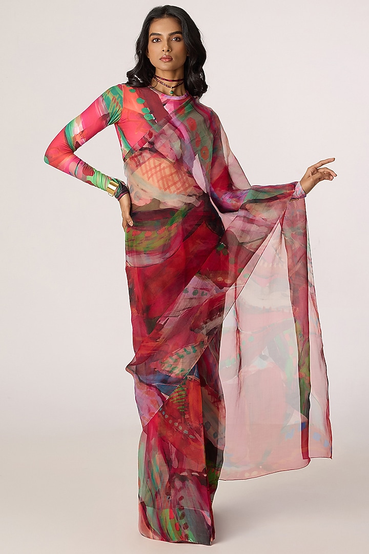 Multi-Colored Silk Organza Abstract Floral Printed Draped Wedding Saree Set by Saaksha & Kinni at Pernia's Pop Up Shop