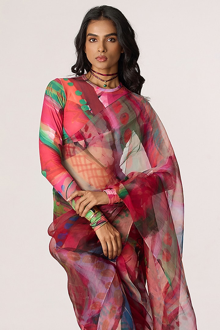 Multi-Colored Silk Organza Abstract Floral Printed Draped Wedding Saree Set by Saaksha & Kinni at Pernia's Pop Up Shop