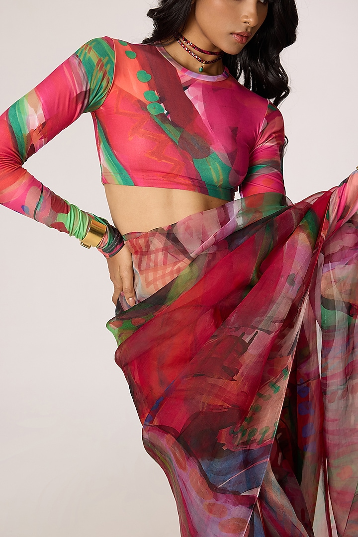Multi-Colored Silk Organza Abstract Floral Printed Draped Wedding Saree Set by Saaksha & Kinni at Pernia's Pop Up Shop
