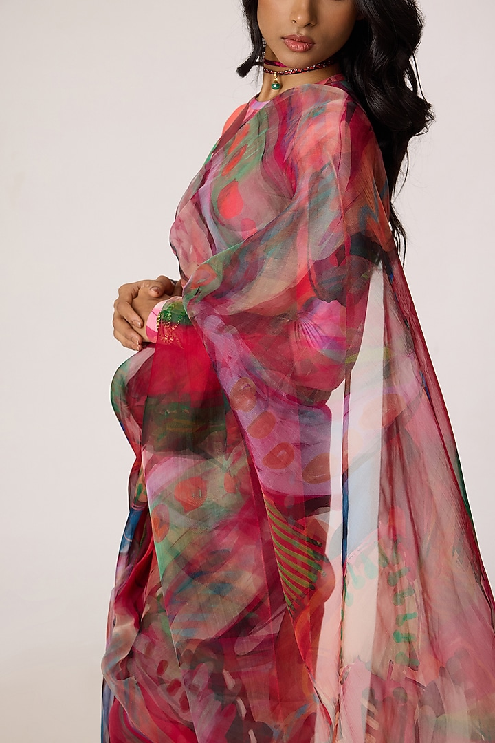 Multi-Colored Silk Organza Abstract Floral Printed Draped Wedding Saree Set by Saaksha & Kinni at Pernia's Pop Up Shop