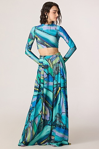 Multi-Colored Lycra Abstract Printed Co-Ord Set by Saaksha & Kinni