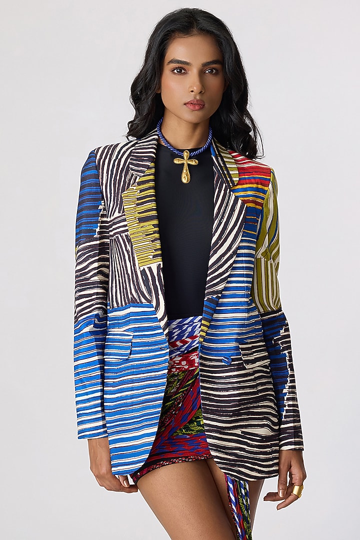 Multi-Colored Crepe Abstract Printed Blazer Set by Saaksha & Kinni at Pernia's Pop Up Shop