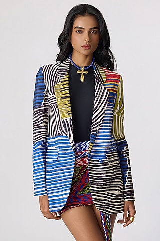 Multi-Colored Crepe Abstract Printed Blazer Set by Saaksha & Kinni