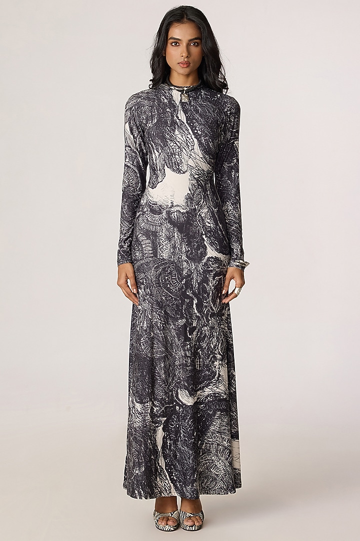 Grey Stretch Jersey Abstract Floral Printed Maxi Summer Dress by Saaksha & Kinni at Pernia's Pop Up Shop