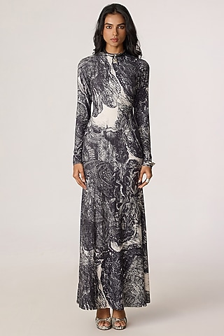 Grey Stretch Jersey Abstract Floral Printed Maxi Dress by Saaksha & Kinni