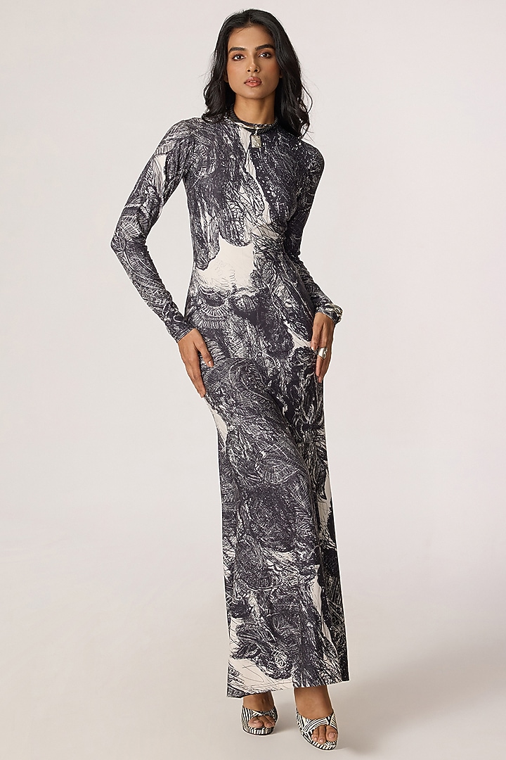 Grey Stretch Jersey Abstract Floral Printed Maxi Summer Dress by Saaksha & Kinni at Pernia's Pop Up Shop