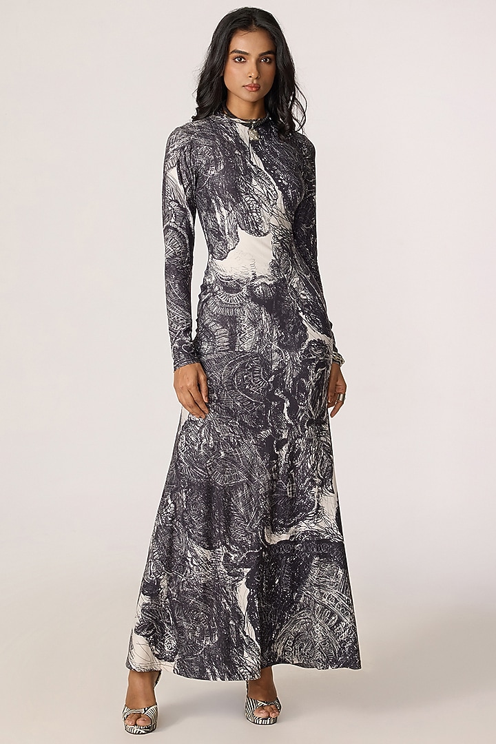 Grey Stretch Jersey Abstract Floral Printed Maxi Summer Dress by Saaksha & Kinni at Pernia's Pop Up Shop