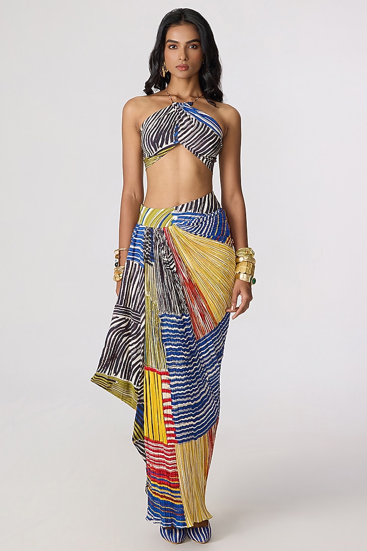 Multi-Colored Poly Florence Chiffon Abstract Striped Skirt Set by Saaksha & Kinni at Pernia's Pop Up Shop