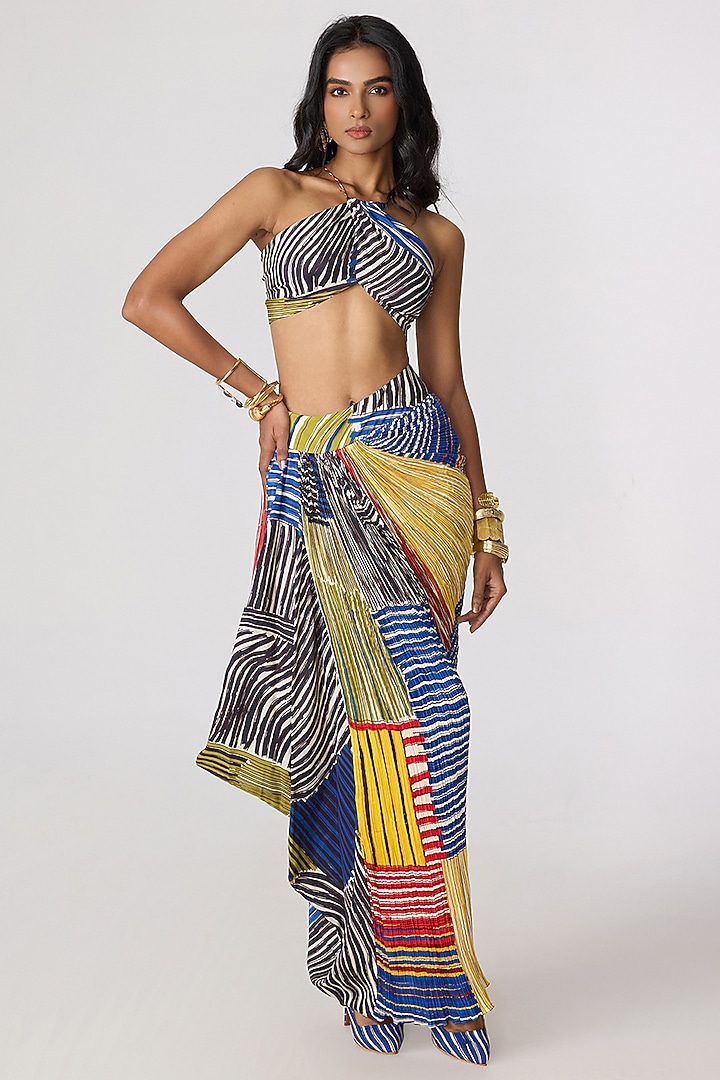 Multi-Colored Poly Florence Chiffon Abstract Striped Skirt Set by Saaksha & Kinni at Pernia's Pop Up Shop