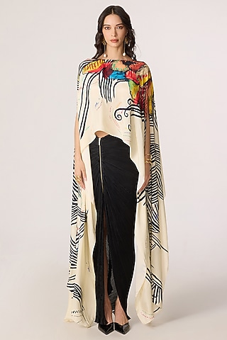 Multi-Colored Habutai Abstract Floral Printed Cape Set by Saaksha & Kinni