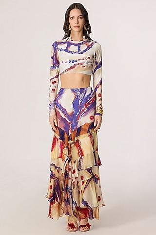Multi-Colored Stretch Jersey Tribal Printed Skirt Set by Saaksha & Kinni