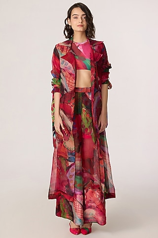 Multi-Colored Silk Organza Patchwork Printed Trench Coat Set by Saaksha & Kinni