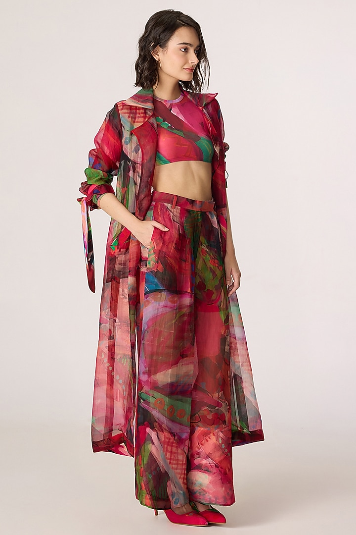 Multi-Colored Silk Organza Patchwork Printed Trench Coat Set by Saaksha & Kinni at Pernia's Pop Up Shop