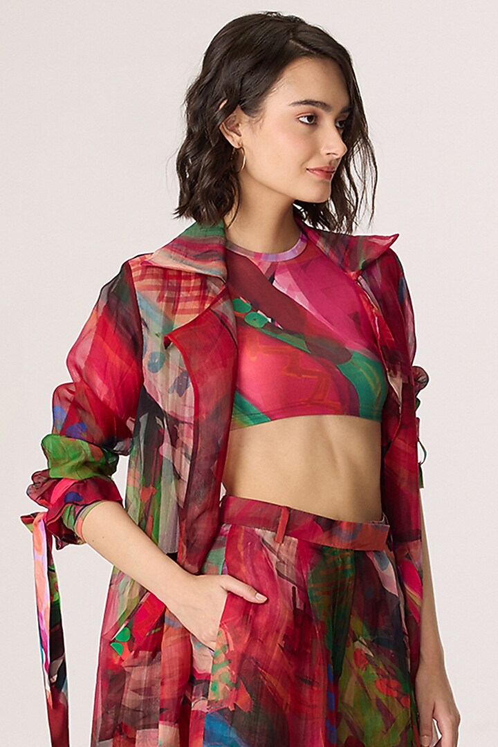 Multi-Colored Silk Organza Patchwork Printed Trench Coat Set by Saaksha & Kinni at Pernia's Pop Up Shop
