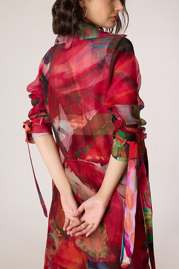 Multi-Colored Silk Organza Patchwork Printed Trench Coat Set by Saaksha & Kinni at Pernia's Pop Up Shop