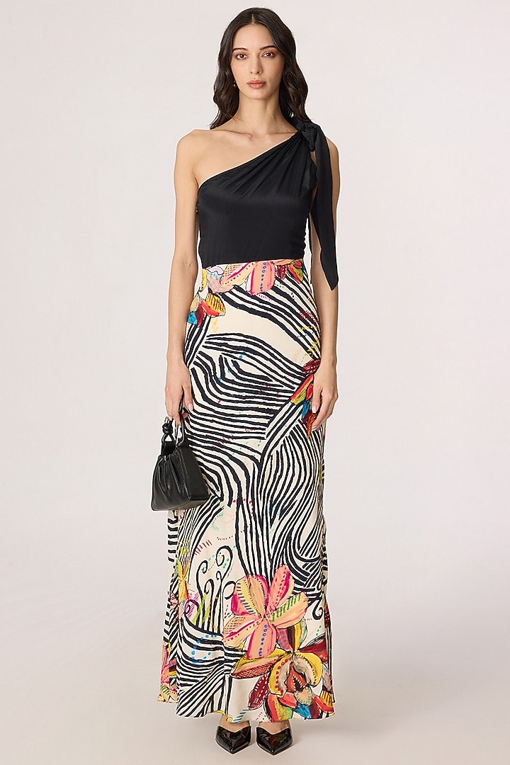 Multi-Colored Crepe Abstract Printed One-Shoulder Maxi Vacation Dress by Saaksha & Kinni at Pernia's Pop Up Shop